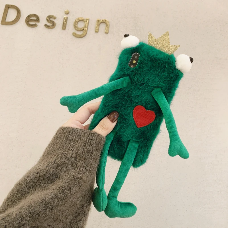 Cute Plush Fluffy Frog Cases for iPhone 11 pro max 8 Plus/7/8/6s plus/6 plus/6s/XS MAX/XR/XS/X Case 3D Winter Phone Cover | Мобильные