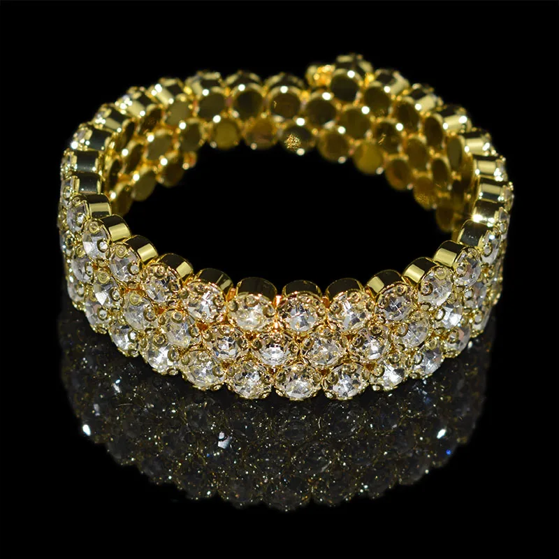 3 rows Gold Модные роскошные женские Многослойные браслеты с кристаллами, стразы, браслеты, регулируемые свадебные браслеты, ювелирные изделия, подарки для девушек - Окраска металла: 3 rows Gold