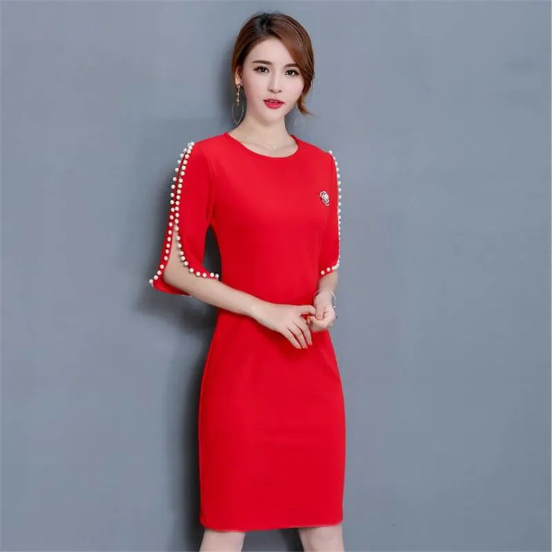 Женское платье с круглым вырезом облегающее винтажное прямое бусинами модель E306