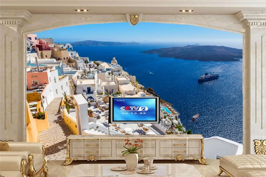 

Wallpaper for walls 3d,Greece Coast Houses Ships Sea Cities wallpaper,living room sofa TV wall bedroom 3d murals papel de parede