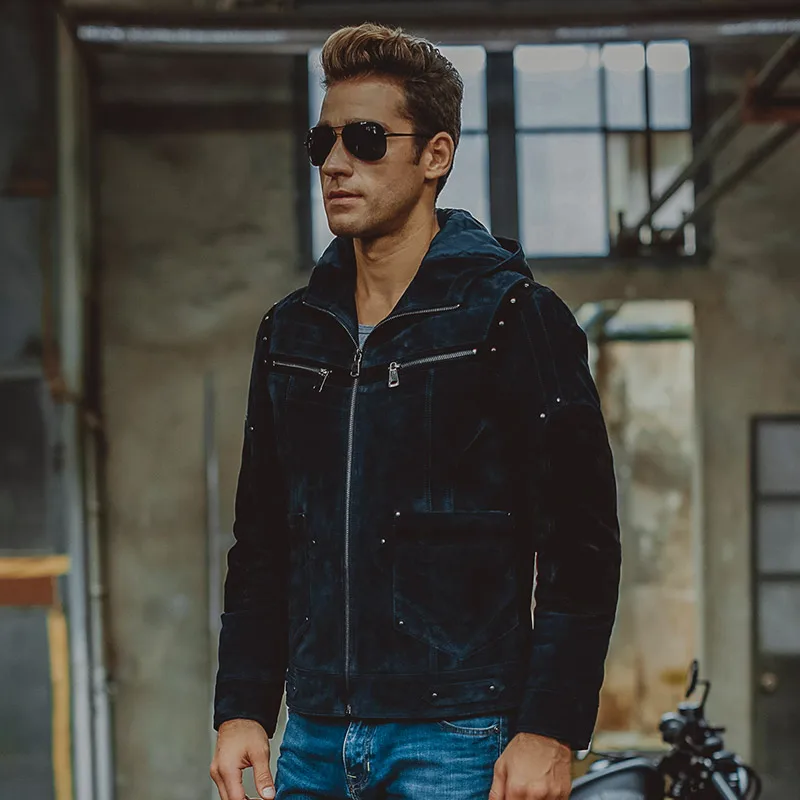 S 6XL мужские куртки из свиной кожи темно синие натуральной мотоциклетная куртка