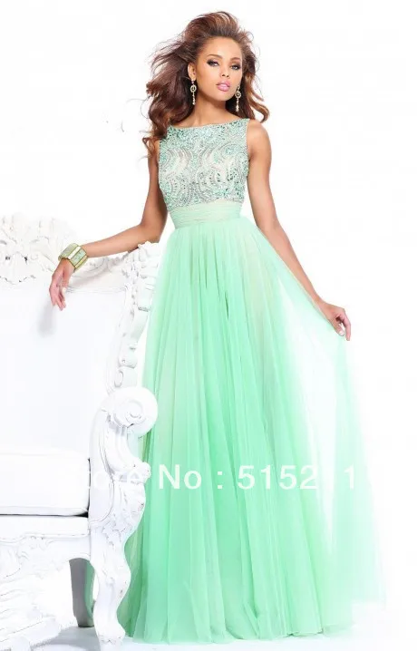 Elegant European Type Beading High Collar Bow Sashes Open Back Mint Green Chiffon Long Dress Evening Party Prom Gowns 2013 | Свадьбы и