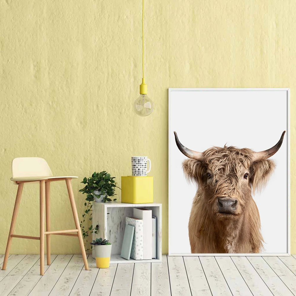 Современная Картина на холсте желтого цвета с изображением крупного рогатого
