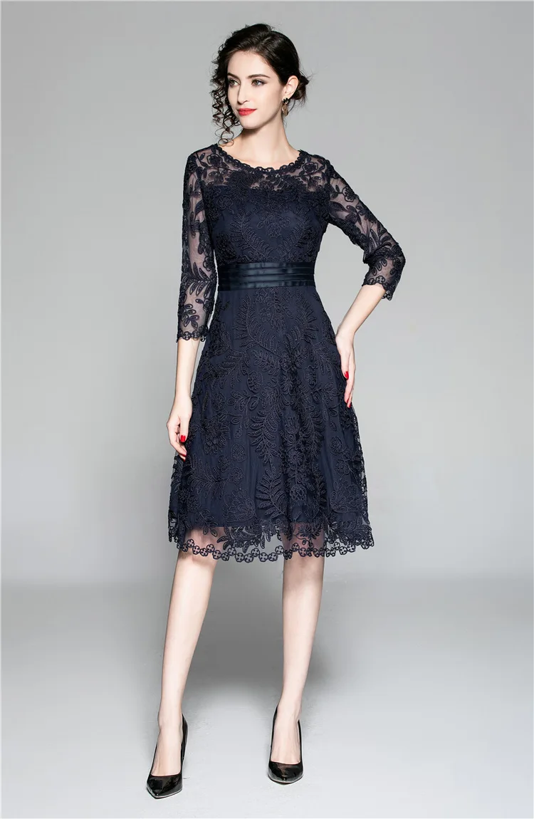 Slim Fit& Flare Dress осенние модные вечерние коктейльные девушку o-образным вырезом восхитительный повторяющийся вышивка Сетчатое платье Vestidos Fiesta