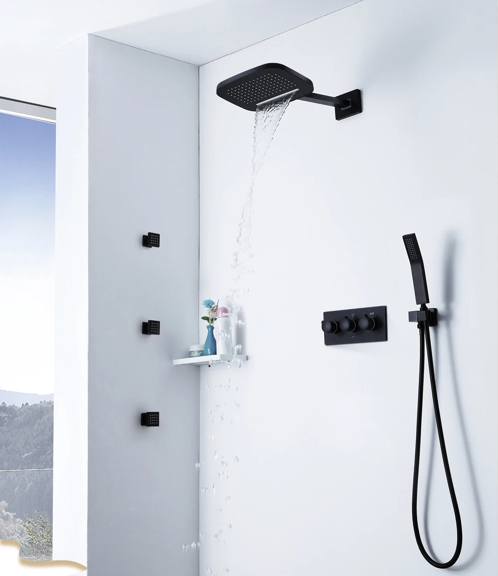 Black Rainfall Shower Waterfall Shower Head Shower Set Brass Shower Faucets Massage Spray Showers Bathroom