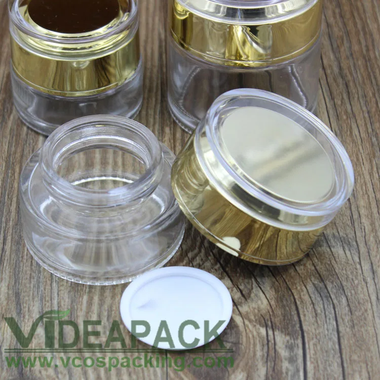 50pcs 20 g 30 g 50g Transparent glass bottle / empty cosmetic jar / creams bottle glass containers / gold acrylic plastic cover