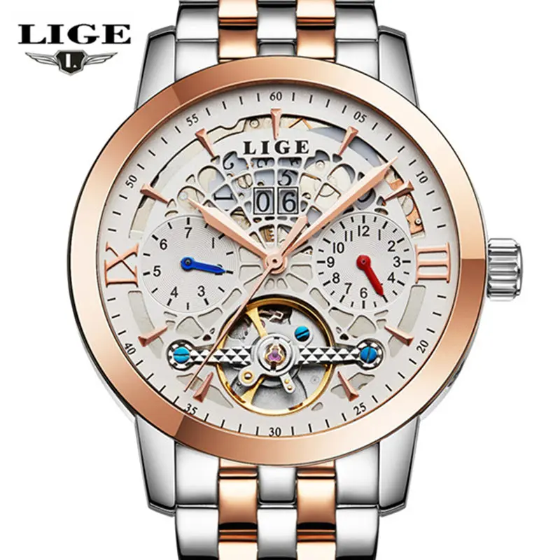 Топ бренд класса люкс Мужские часы LIGE Автоматические механические tourbillon мужчины