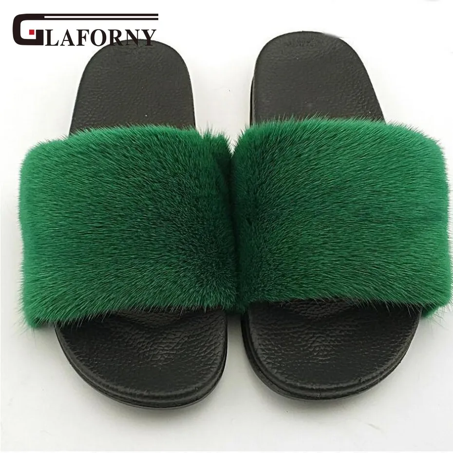 green Glaforny/Новое поступление года; тапочки из натурального меха норки; женские модные меховые шлепанцы; Вьетнамки ручной работы; сандалии Bach - Цвет: green