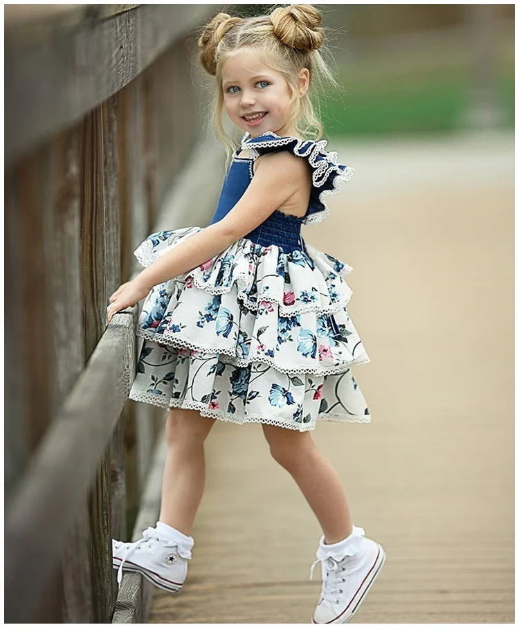 INS hot sell demin tops ruffles kids dress high quality girl cake | Детская одежда и обувь