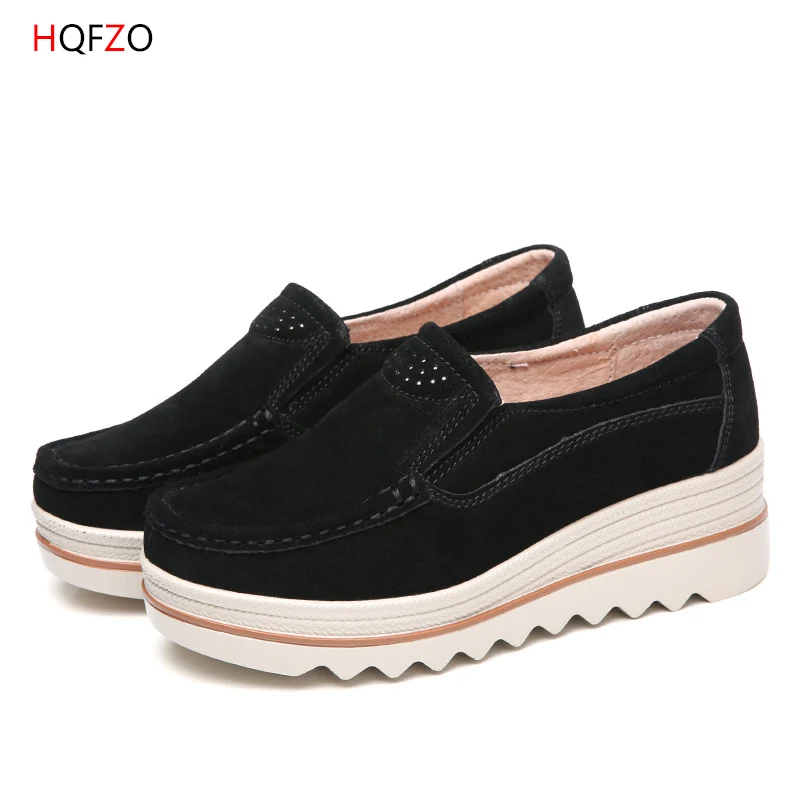 black HQFZO/Pantshoes; обувь из натуральной кожи на каблуке 5 см; женские кроссовки на платформе; женская обувь; дышащая повседневная женская обувь на плоской подошве - Цвет: black