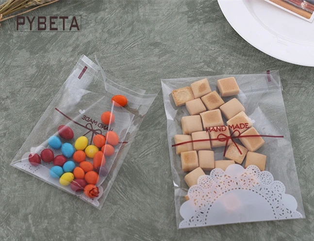 

200pcs- Lovely Lace Bowknot Bread Cookie Bag Transparent Plastic Self-adhesive Pouch Biscuits Candy Sample Gift Packaging Bags
