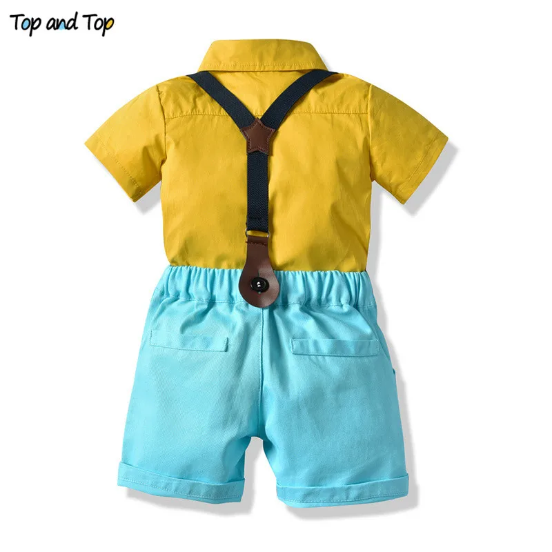 Top and Summer Fashion Infant Baby Boy Short Sleeve Bowtie Shirt Tops+Overalls Gentleman Clothes Outfit Suit Bebe Kids |