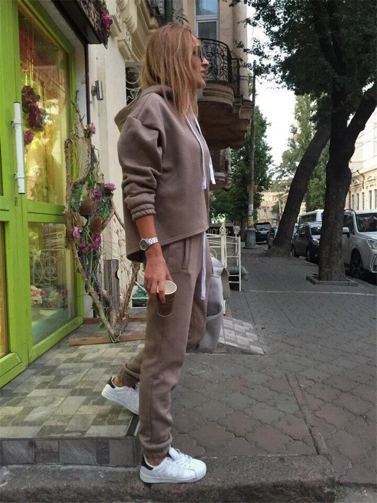 Осенний спортивный костюм с длинным рукавом, утолщенные толстовки с капюшоном, комплект из 2 предметов, повседневный спортивный костюм, женский спортивный костюм