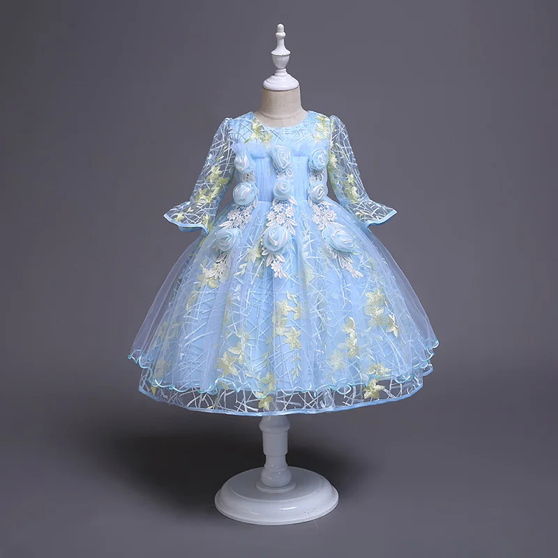 Light blue Летние платья для девочек; платье принцессы с цветочным узором для девочек на свадьбу; торжественные платья; детское платье для дня рождения; костюм принцессы для девочек - Цвет: Light blue
