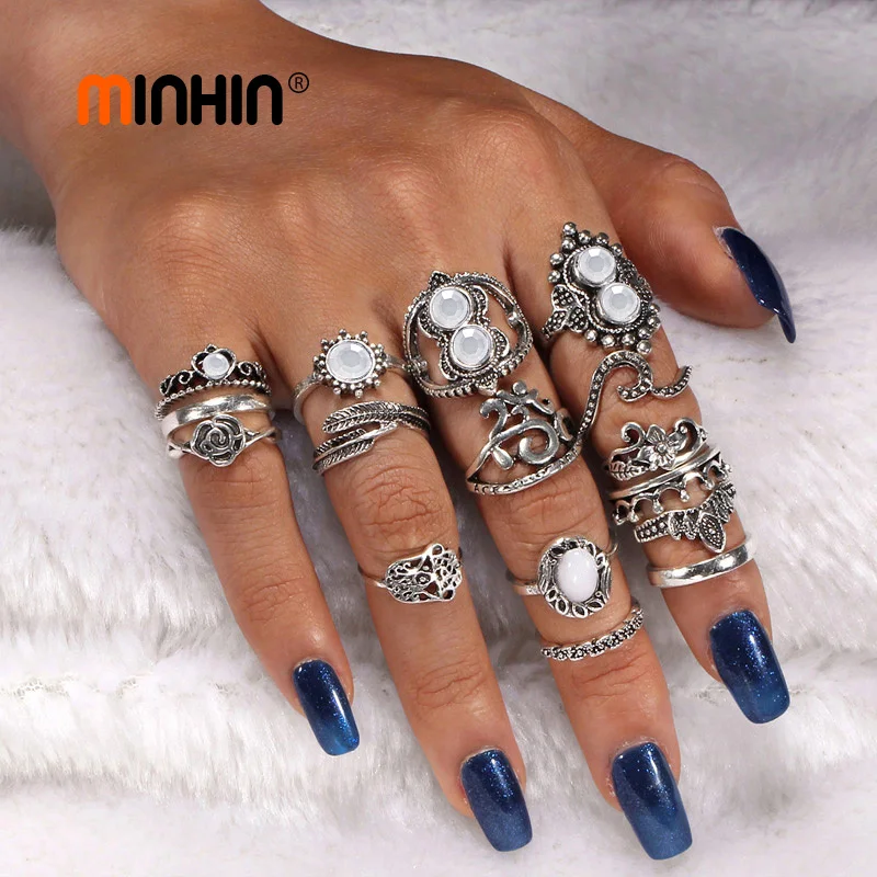 MINHIN 16 PCS/Set Vintage Knuckle Opal Finger Ring Set Flower Heart Design Rings For Women Ethnic African Wedding Jewelry |