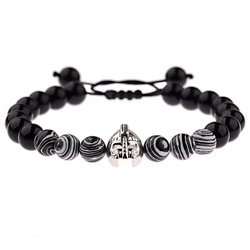 ABK008-2 OIQUEI Pulseira Masculina 8 мм Оникс Камень Спартанский бусина шлем тканые плетеные браслеты мода энергетическая Йога браслеты для мужчин - Окраска металла: ABK008-2