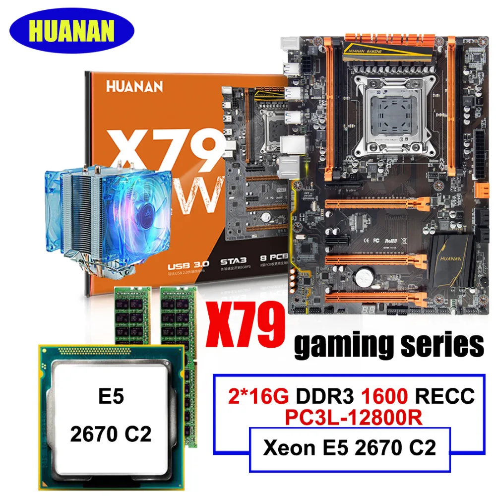 NHUANAN deluxe X79 LGA2011 игровая Материнская плата Процессор оперативная память комбо Xeon E5 2670 C2 С процессорным вентилятором оперативная память 32 г(2*16 г) DDR3 1600 МГц RECC