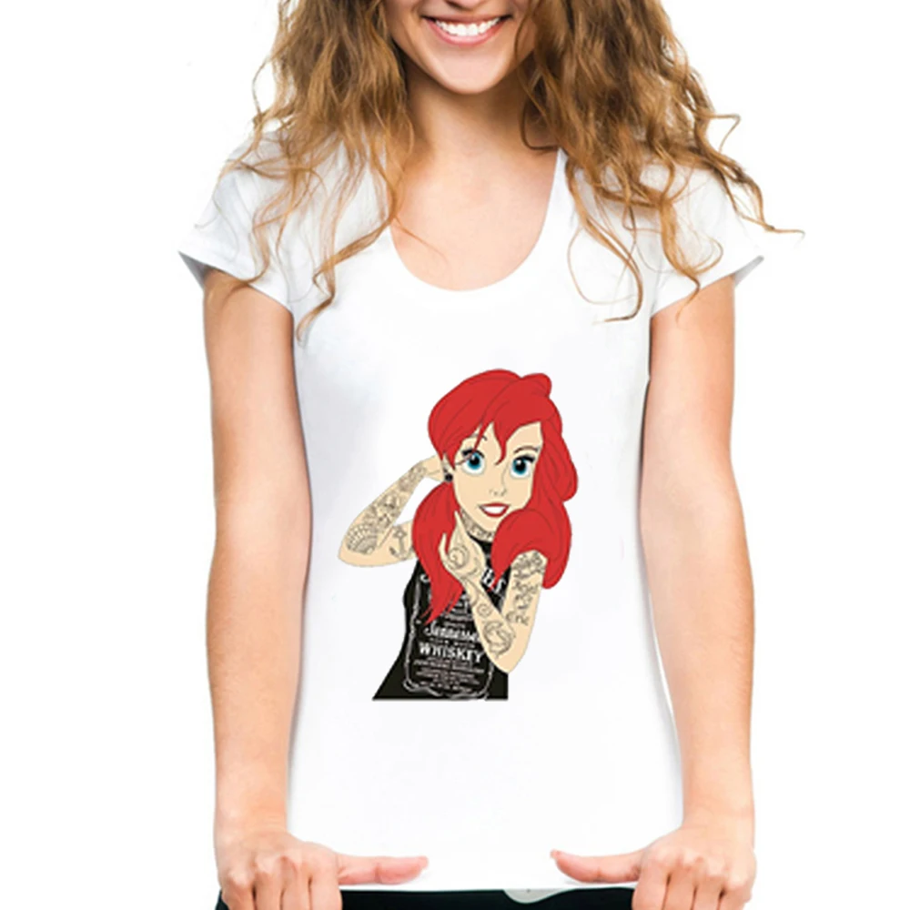 Picture-1 Женская футболка с принтом Русалочки, забавная футболка с надписью «Bad Girl Ariel», летняя повседневная футболка с коротким рукавом и рисунком из мультфильма для девочек, модная футболка в стиле панк с татуировкой - Цвет: Picture-1