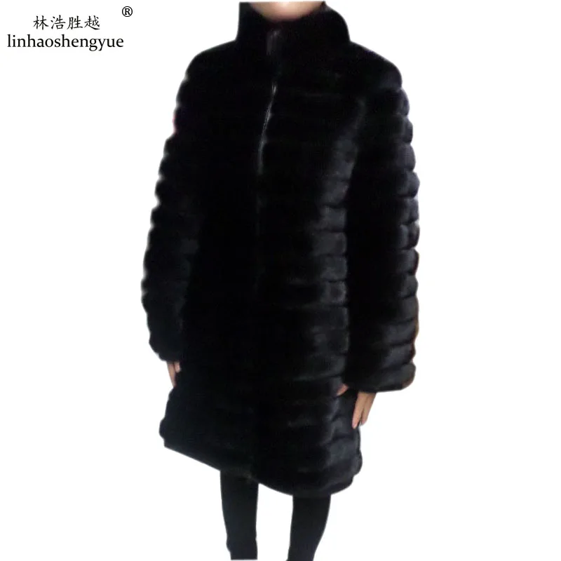 Linhaoshengyue Length 90CM , Real Natural Mink Fur Coat, Long-Sleeved, Intervening Leather 3:2