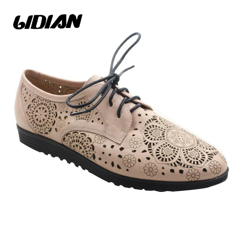 

LIDIAN Flat Shoes Without Heel Women Pink Shoes Made Of Genuine Leather Shoes Ladies Vintage Laser Flowers With Lace P9