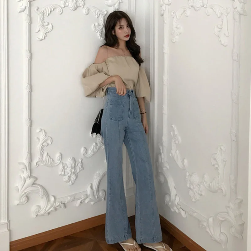 Женские винтажные расклешенные джинсы с высокой талией высококачественные