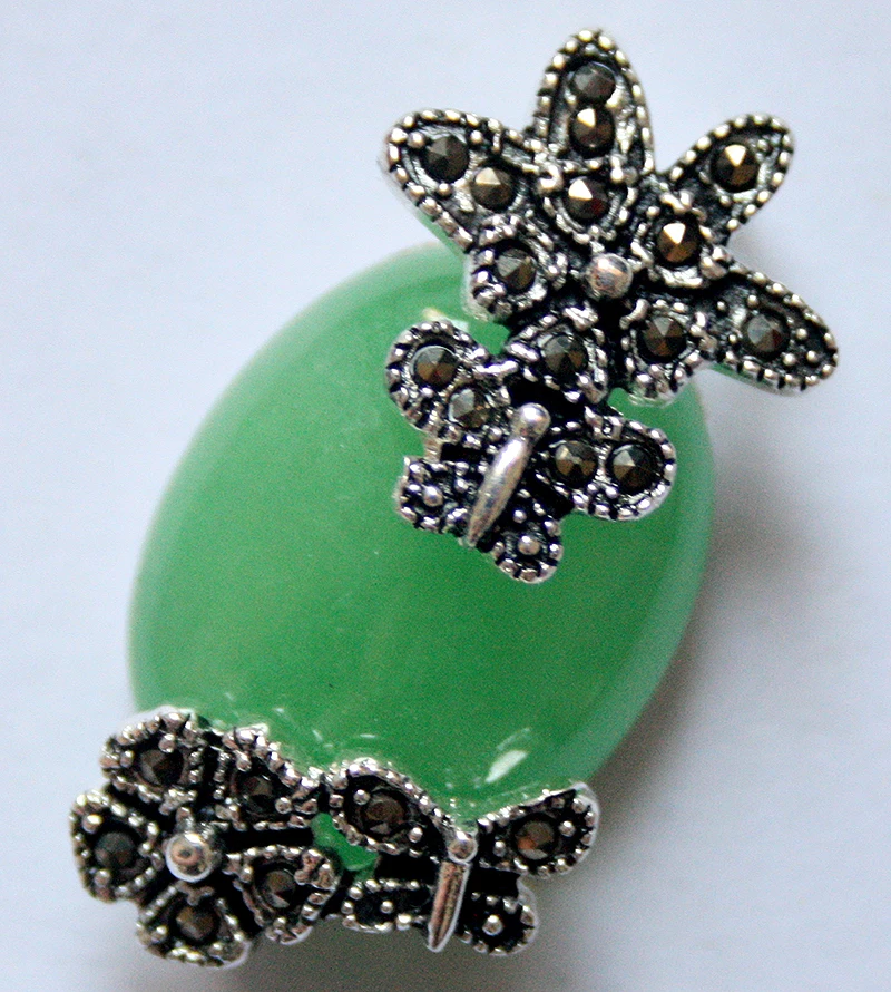 

New 925 Sterling Silver 30*20mm Natural Green jade Marcasite Flower Pendant