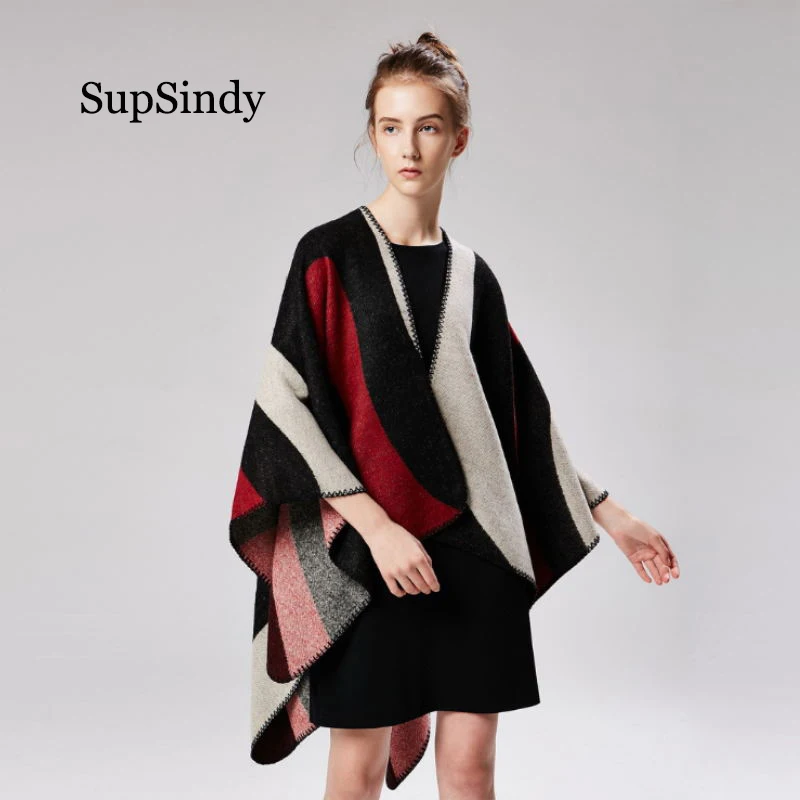 

SupSindy women's poncho Winter scarf women cape Red Stripe shawl wrap luxury pashmina warm scarves for women cloak vintage stole