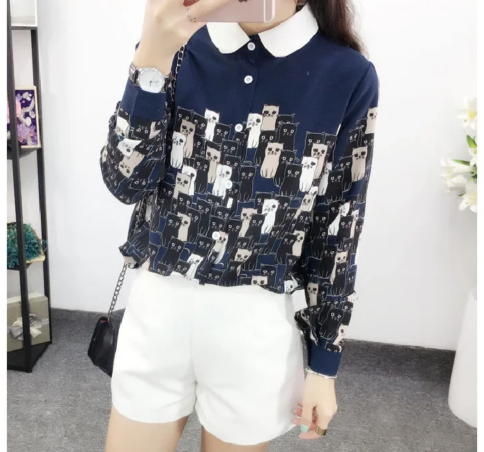 Фото L & Y/модная шифоновая блузка с рисунком кота из мультфильма рубашка топы женские L & Y/модная шифоновая блузка с рисунком кота из мультфильма рубашка топы женские