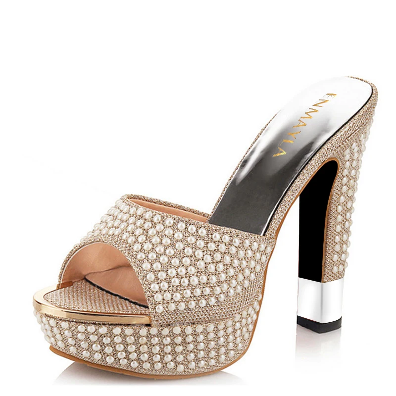 Женские босоножки на высоком каблуке ENMAYLA летние сандалии платформе золотисто