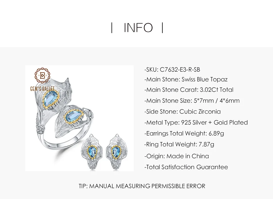 Балетные наборы для женщин, 3.02Ct, натуральный Швейцарский Голубой Топаз, 925 пробы, серебро, ручная работа, Калла, лилия, кольцо, серьги, ювелирные наборы для женщин, вечерние