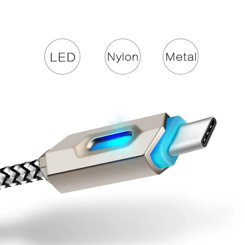 ZRSE светодиодный usb type-C кабель для быстрой зарядки и передачи данных USB C кабель type-C нейлоновый кабель для зарядки мобильных телефонов для Xiaomi samsung huawei Cabo
