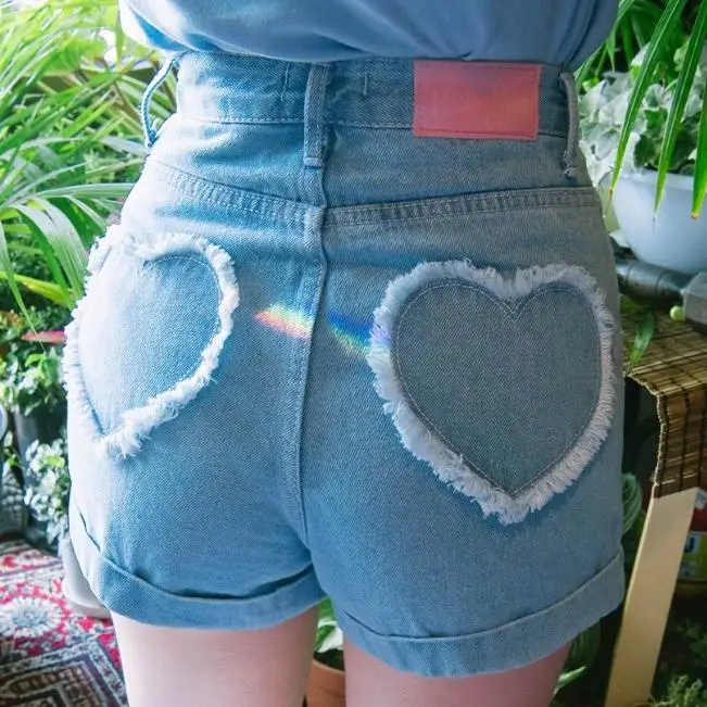 Женские джинсовые шорты с сердечком Короткие мини высокой талией|jeans short high waist|women