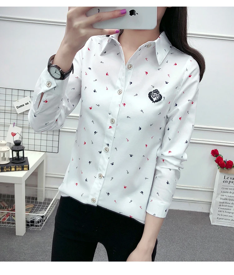 New spring Autumn women Preppy style cotton Contrast color print pattern Turn-down Collar long sleeve blouse shirt casual tops