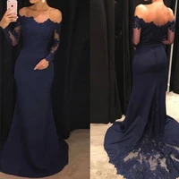 2021 off the shoulder navy blue mermaid prom dresses long sleeves lace satin evening dresses formal evening elegant prom gowns