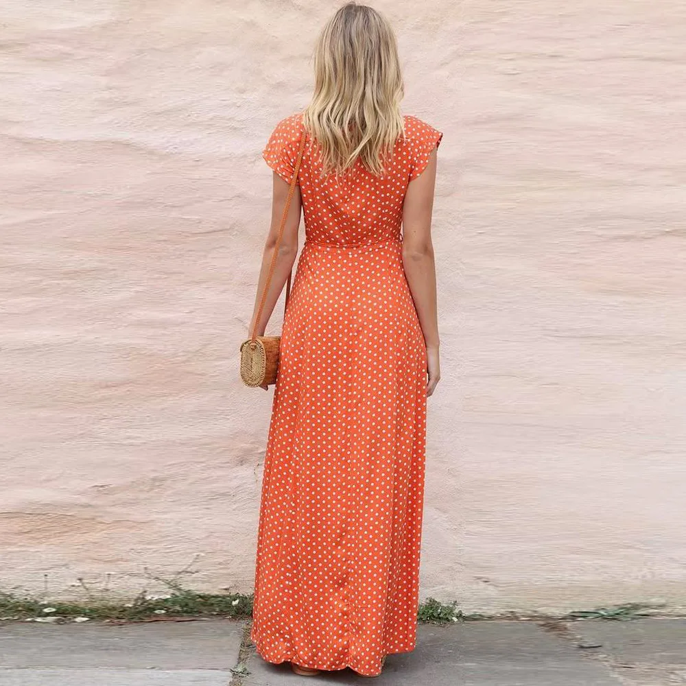 Vestidos verano 2018 Для женщин летнее платье дамы горошек Boho короткий рукав v-образным