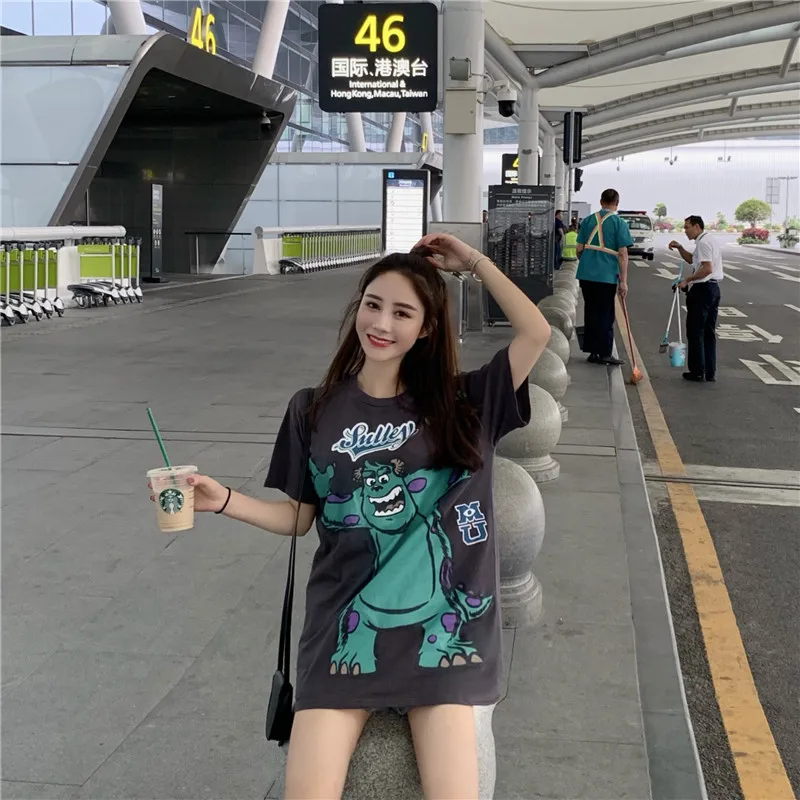 Harajuku Ulzzang Большие размеры футболка мультфильм печати короткий рукав футболки корейский стиль женские свободные летние футболки женские повседневные топы