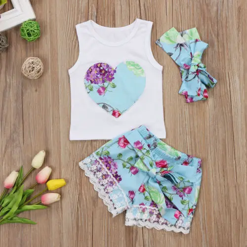 

3Pcs Toddler Baby Girl Clothes Tops Floral Vest +Lace Shorts Pants + Headband Outfits Set
