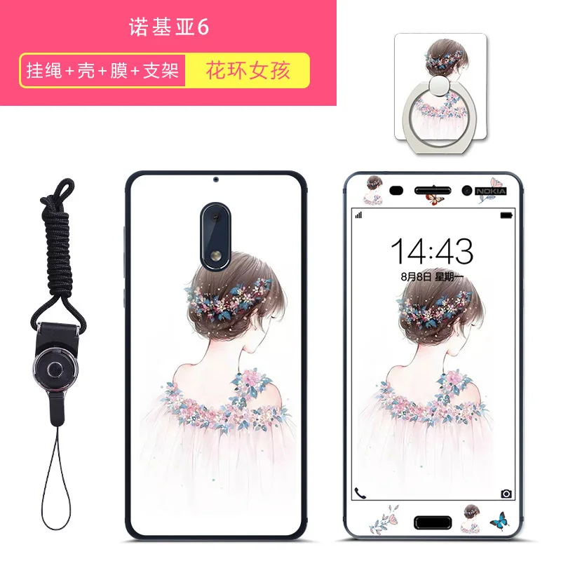 Чехол для Nokia 6 Nokia6 с рисунком из мультфильма, мягкий ТПУ защитный чехол с закаленной стеклянной пленкой, веревкой и кольцом-держателем#006