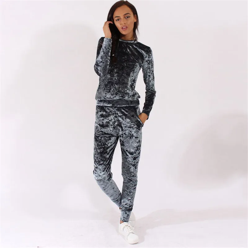 LUO SHA 3XL 6 цветов Бархатный спортивный костюм женский костюм Бархатный комплект Топ с длинным рукавом+ брюки велюровый спортивный костюм наборы для женщин спортивный костюм