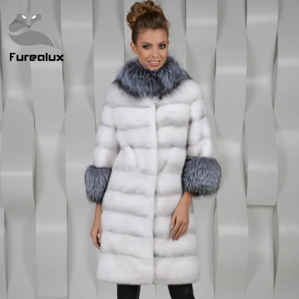 Женское пальто с воротником из меха лисы Furealux натурального норки стойкой и