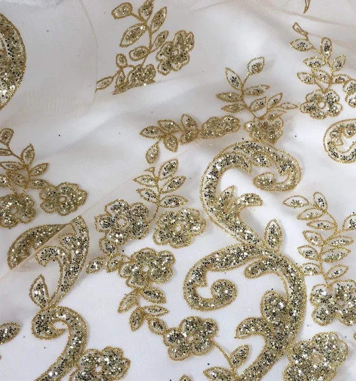 Shiny hot drilling gold powder beads lace fabric mesh sequins wedding dress skirt Stage costume clothing diy fabric
