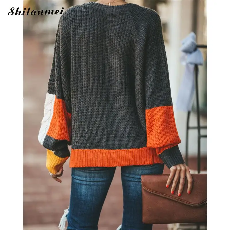 Autumn Winter Women Sweaters And Pullovers Street Style Lantern Sleeve Patchwork Jumper Fashion Loose Chunky Knit Sweaters