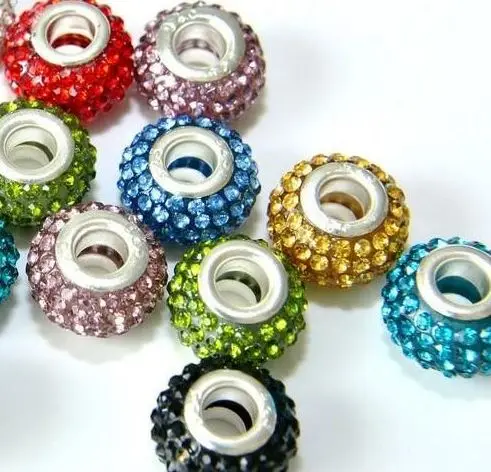 

8mm*12mm 100pcs/lot mixed multicolor b4363 disco pave loose diy silver plated Crystal Big Hole Beads European bead jewelry