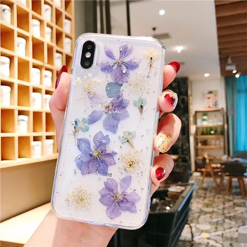 Прозрачный высушенный цветочный блестящий чехол для телефона iPhone 7 8 X XS Max XR 6 6s Plus настоящие цветы задняя крышка Мягкий ТПУ силиконовый чехол