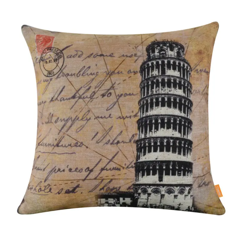 

LINKWELL 45x45cm Retro Yellow Pisa Tower The Leaning Tower of Italy Burlap Cushion Cover Throw Pillowcase Travel Journey Decor