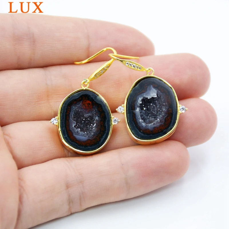Мини Табаско Geode висячие серьги блестящие черные Druzy Geodes Позолоченные ободки из стерлингового серебра 925 пробы инкрустированный цирконами