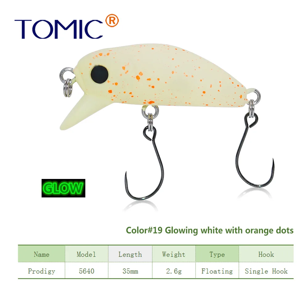 Glowing white Tomic сверхлегкие рыболовные приманки 35 мм матовые цвета жесткая приманка, воблер с одним крюком приманка для форели - Цвет: Glowing white