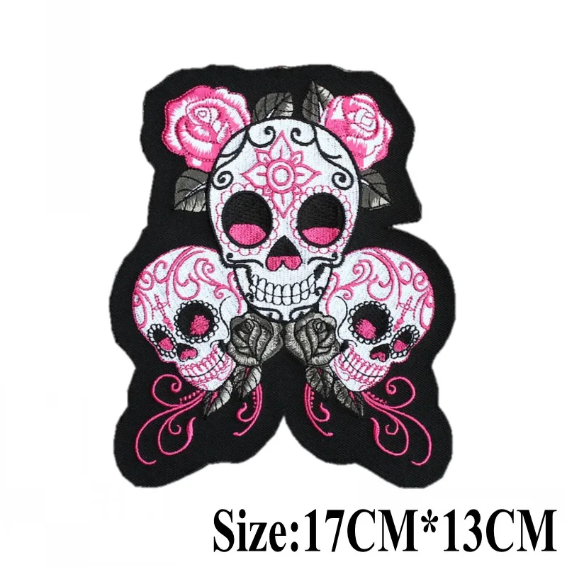 

Pink Skull Embroidered Iron On Patches For Clothing Motorcycle Jacket Biker Vest Patches DIY Accessory