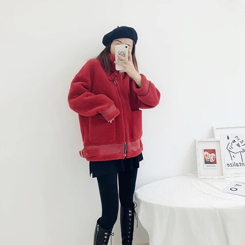 Красный OFTBUY зимняя куртка Для женщин 50% шерстяное пальто с искусственным мехом, пальто с карманами, Теплая верхняя одежда мотоциклетные уличная Повседневное Фирменная Новинка - Цвет: Красный