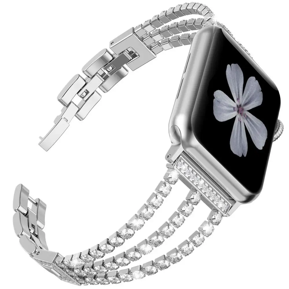 silver JANSIN женский бриллиантовый ремешок для часов Apple Watch 38 мм 42 мм 40 мм 44 мм iWatch серия 5 4 3 ремешок из нержавеющей стали спортивный браслет - Цвет ремешка: silver